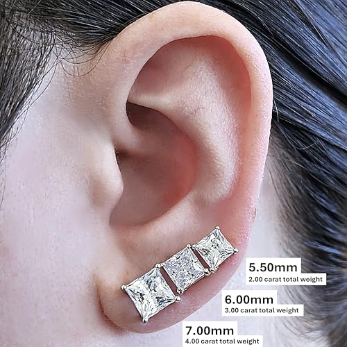 Central Diamond Center 14K Gold Posts & Sterling Silver Princess Cut CZ Stud Earrings Made with Swarovski Zirconia - 7.0mm 4.00cttw - Platinum Plated - Image 3