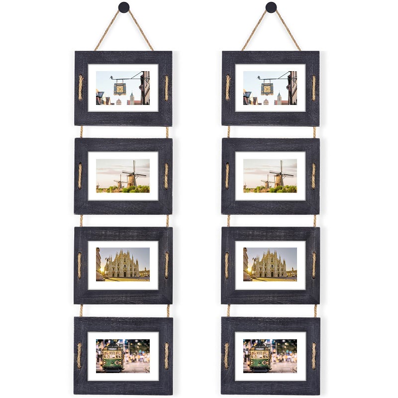DLQuarts 5x7 Hanging Collage Picture Frames Wall Decor 4Opening 5x7 Matted to 35x5 Photo Rustic Wood Frame with Hemp Rope 2 Pack Weathered Black