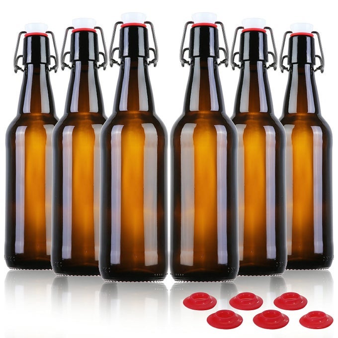 16 OZ AMBER GLASS BEER BOTTLES FOR HOME BREWING WITH FLIP CAPS CASE OF 6