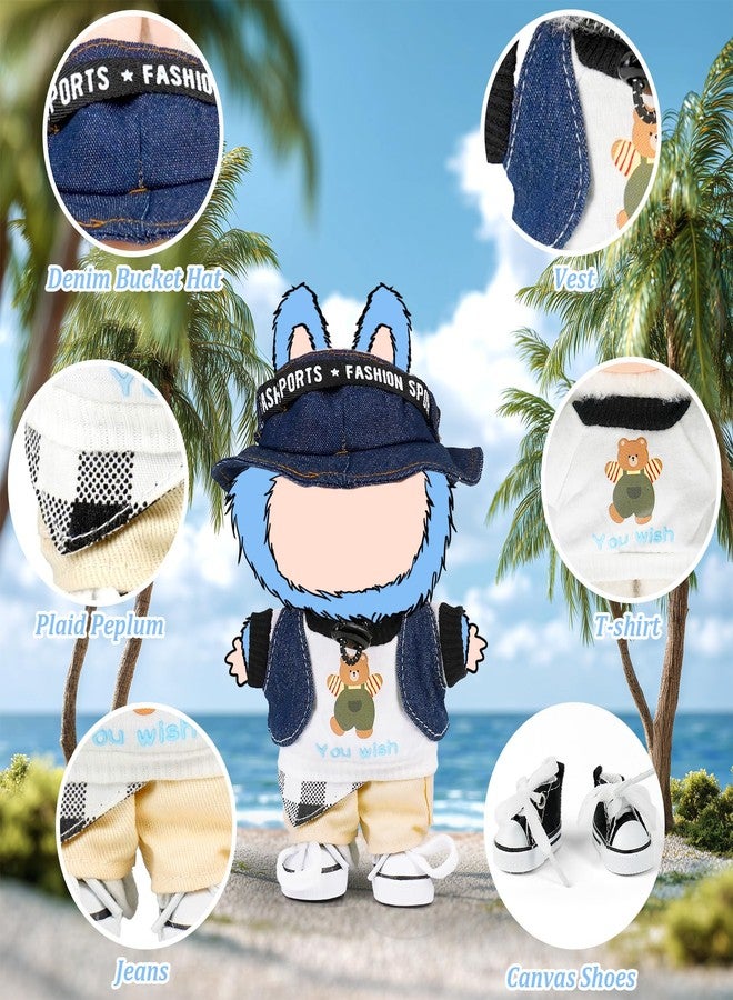 ARTST Doll Clothes for 17cm Labubu,Cool Causal Outfit Accessories Clothing for 17cm/6.7inch Doll-Jean Bucket Hat+T-Shirts+Cowboy Vest+Khaki Pants+Canvas+Waist Scarf (White) - Image 2