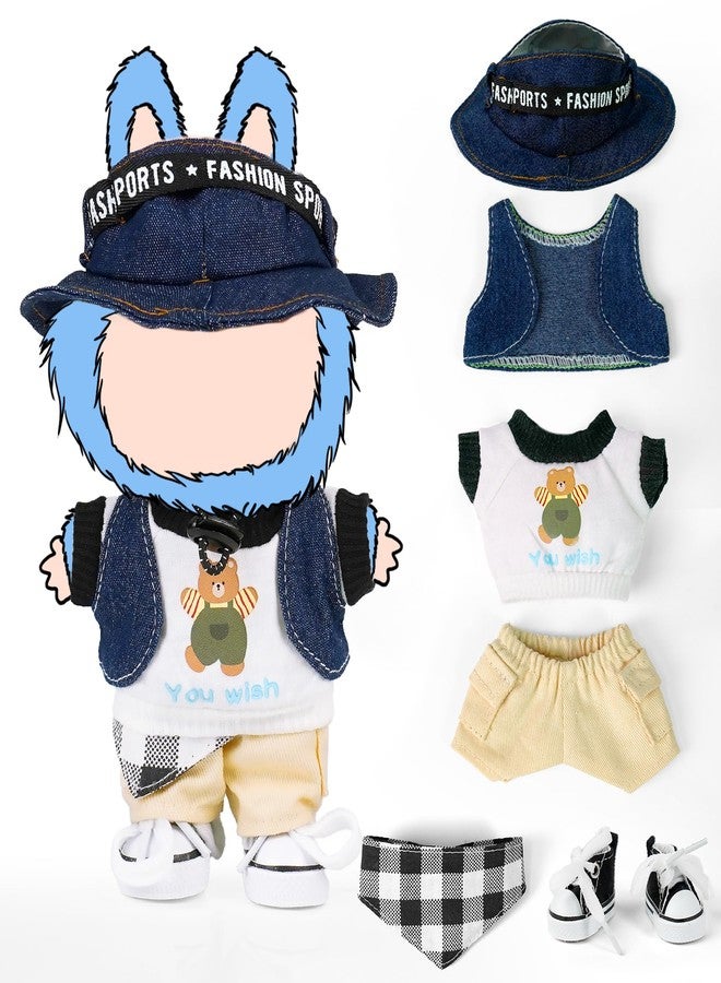ARTST Doll Clothes for 17cm Labubu,Cool Causal Outfit Accessories Clothing for 17cm/6.7inch Doll-Jean Bucket Hat+T-Shirts+Cowboy Vest+Khaki Pants+Canvas+Waist Scarf (White) - Image 1