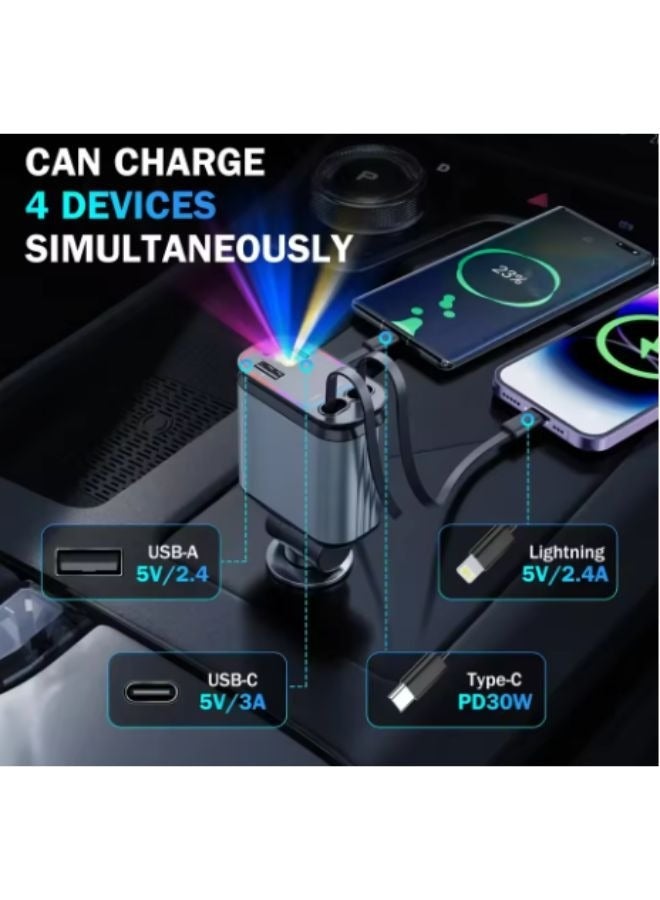 4 in 1 Retractable Starry Stars Proof Best Car Charger, Retractable Car Charger with Star Projector & LED, Fast Car Charging Phone, Retractable Car Phone Charger with Retractable Cables for Phone - Image 3