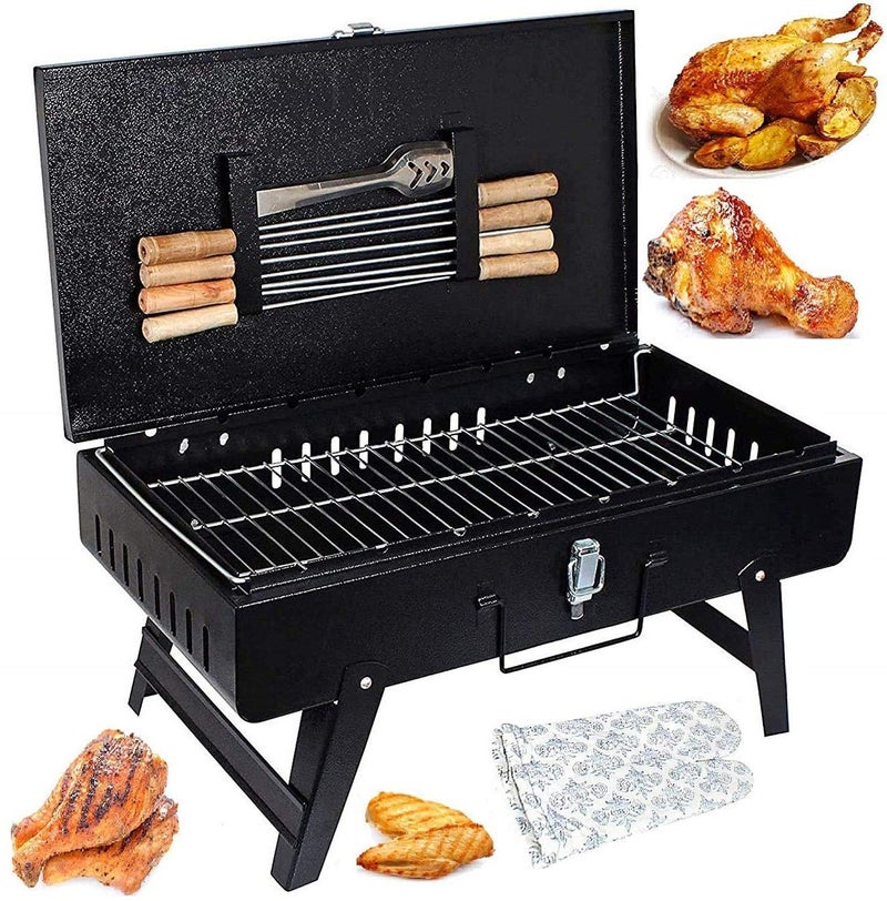 إسكدنيا Barbeque Grill Set | Foldable Portable BBQ for Home  Outdoor Use | Includes 8 Skewers, 1 Grill  Glove | Barbecue for Camping, Picnics, Parties  Backyard Grilling (Black) - Image 1