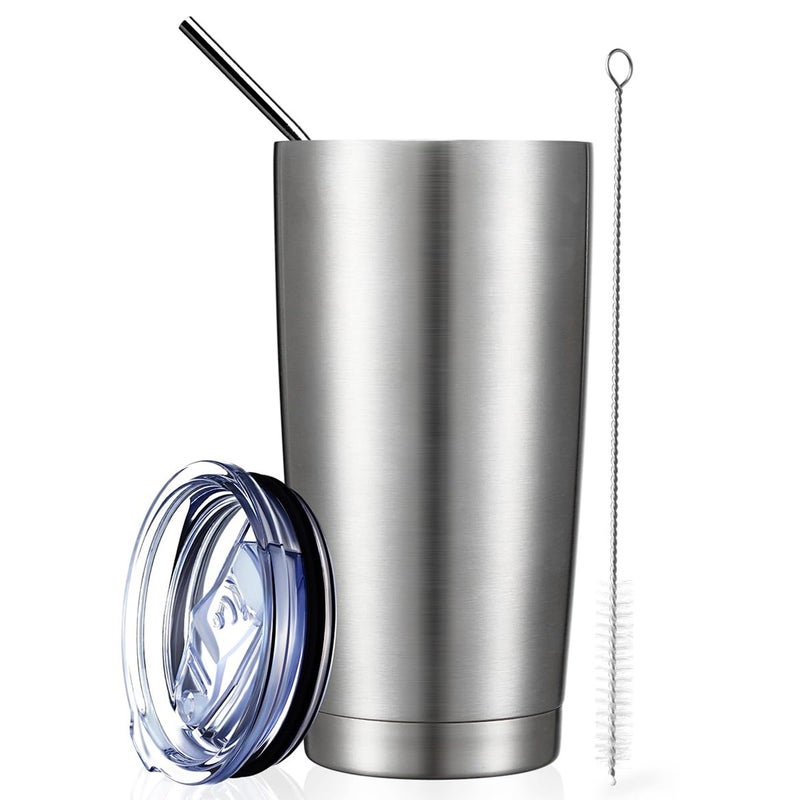 COMOOO 20oz Tumbler with Straw Stainless Steel Insulated Coffee Tumbler Cups Double Wall Vacuum Travel Coffee Mug with Splash Proof Sliding Lid for Hot Cold Drinks Silver 1 Pack