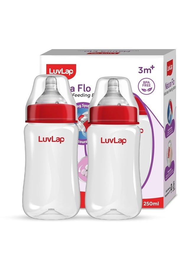 Luvlap Anti-Colic Wide Neck Natura Flo Baby Polypropylene and Silicone Feeding Bottle, 250Ml (Pack of 2), New Born / Infants / Toddler upto 3 years, BPA Free, Pack of 2, White & Red - Image 1