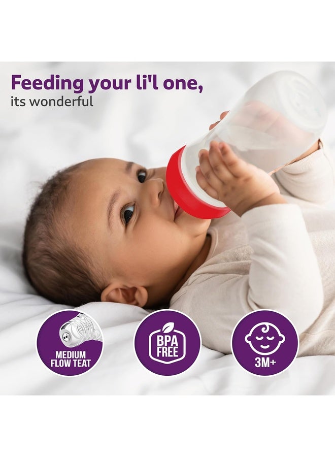 Luvlap Anti-Colic Wide Neck Natura Flo Baby Polypropylene and Silicone Feeding Bottle, 250Ml (Pack of 2), New Born / Infants / Toddler upto 3 years, BPA Free, Pack of 2, White & Red - Image 2