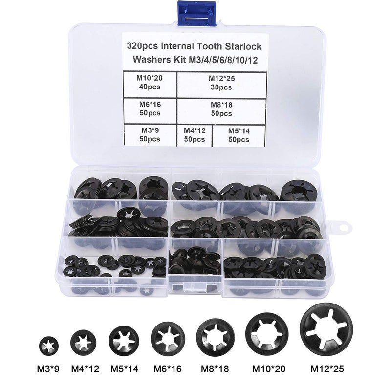 HanTof 7 Sizes 320PCS Internal Tooth Starlock Washers,Quick Speed Locking Washers, Push On Retainers Clips,Push On Nut Fasteners Assortment Kit for Shaft and Stud,65Mn Spring Steel,Black Oxide Finish - Image 2