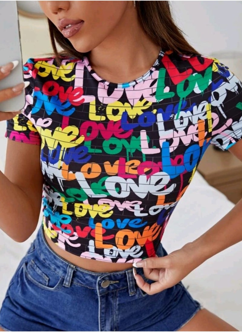 Shein SHEIN EZwear Allover Letter Graphic Crop Tee  - Image 1