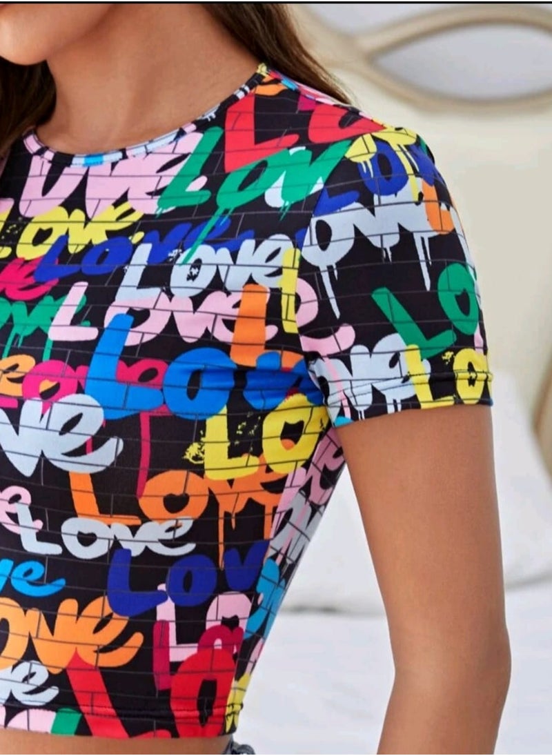 Shein SHEIN EZwear Allover Letter Graphic Crop Tee  - Image 3