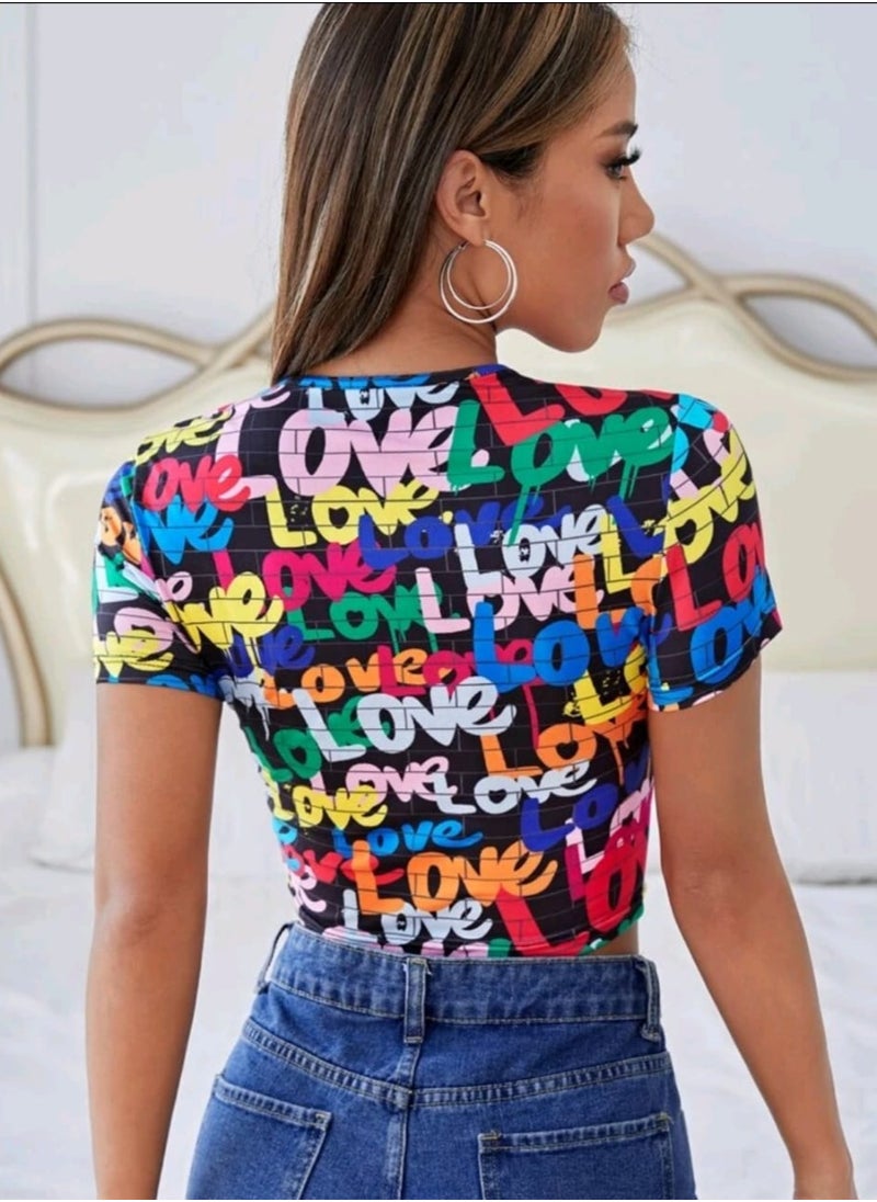 Shein SHEIN EZwear Allover Letter Graphic Crop Tee  - Image 4