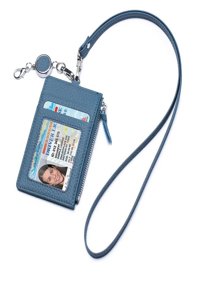 Karmiir Leather ID Case with Lanyard, Minimalist Slim Badge Holder Card Wallet for Women & Men, Fashion ID Case with Clear Window, Zipper Pocket & Retractable Badge Reel (Blue) - Image 1