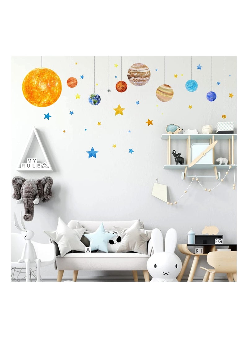 Captaintech Planets and Space Wall Decals, Removable Solar System Wall Stickers, Cartoon Stars Wall Décor, Peel and Stick Universe DIY Art Murals Vinyl Wallpaper for Kids Boys Bedroom Nursery Decoration - Image 1