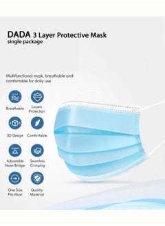 Dada 3 Layer Protective Disposable Single Wrapped Blue Face Masks, Flat And High Elastic Ear Loops, 50 Pcs/box, Each Mask Individually Wrapped  - Image 5