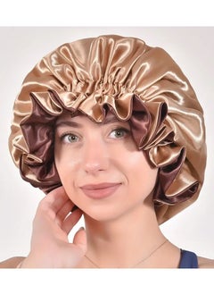 Extra Large Double-Layer Satin Sleep Cap for Women - Elastic Ruffled Edge Hair Bonnet, Lightweight & Adjustable Fit, Beige/Light Brown, Polyester, Hand Wash or Dry Clean