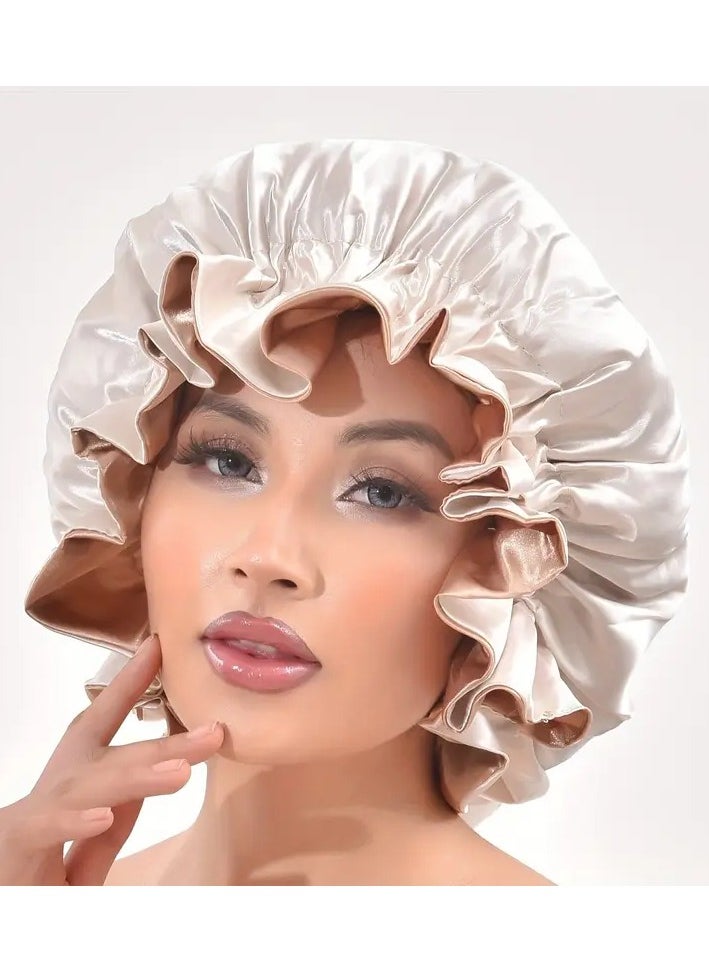 Rozino - Extra Large Double-Layer Satin Sleep Cap for Women - Elastic Ruffled Edge Hair Bonnet, Lightweight & Adjustable Fit, Beige/Light Brown, Polyester, Hand Wash or Dry Clean - Image 1