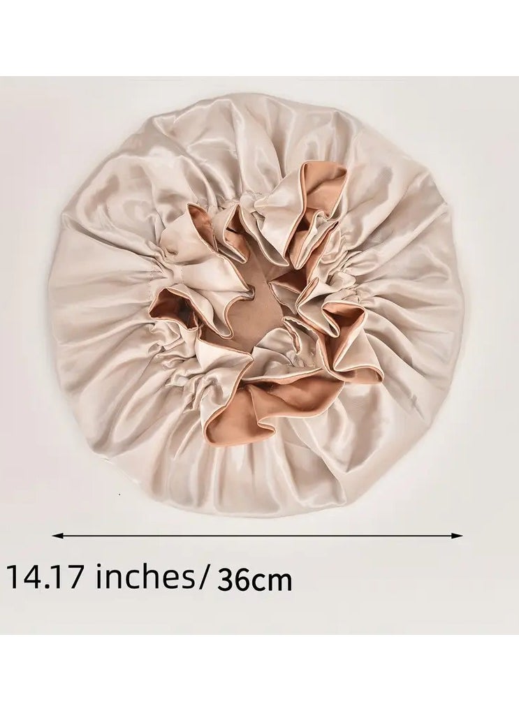 Rozino - Extra Large Double-Layer Satin Sleep Cap for Women - Elastic Ruffled Edge Hair Bonnet, Lightweight & Adjustable Fit, Beige/Light Brown, Polyester, Hand Wash or Dry Clean - Image 1