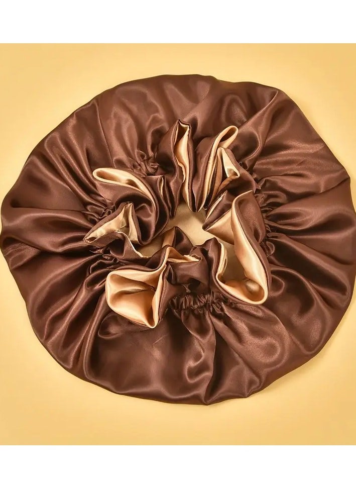 Rozino - Extra Large Double-Layer Satin Sleep Cap for Women - Elastic Ruffled Edge Hair Bonnet, Lightweight & Adjustable Fit, Beige/Light Brown, Polyester, Hand Wash or Dry Clean - Image 1