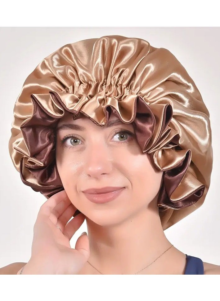 Rozino - Extra Large Double-Layer Satin Sleep Cap for Women - Elastic Ruffled Edge Hair Bonnet, Lightweight & Adjustable Fit, Beige/Light Brown, Polyester, Hand Wash or Dry Clean - Image 1