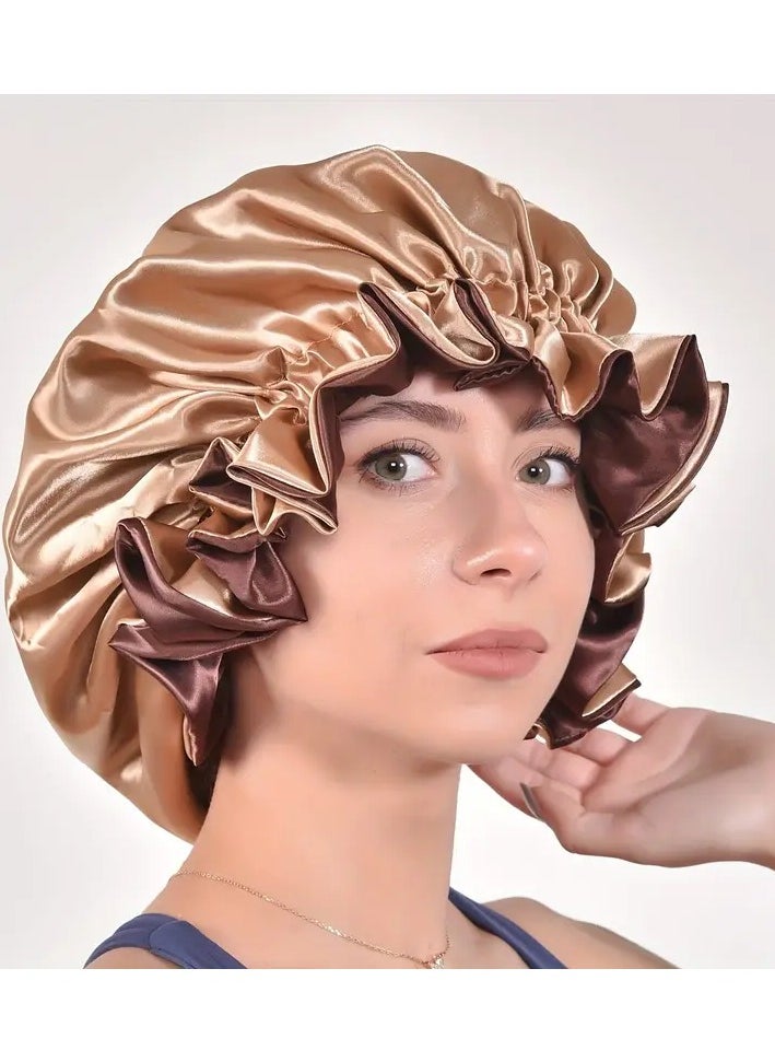 Rozino - Extra Large Double-Layer Satin Sleep Cap for Women - Elastic Ruffled Edge Hair Bonnet, Lightweight & Adjustable Fit, Beige/Light Brown, Polyester, Hand Wash or Dry Clean - Image 1