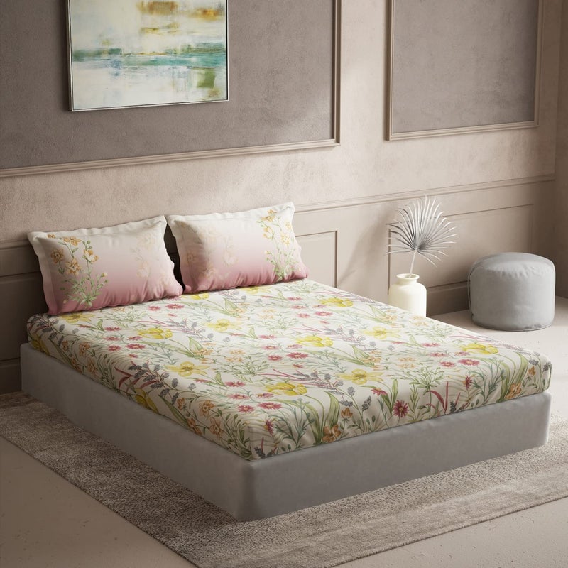 DDECOR Live beautiful DDECOR Pack of 1 Lilly Floral Cotton Double Bedsheet with 2 Pillow Covers Yellow 