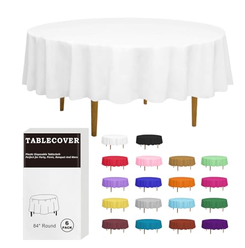 DZ Plastic Table Cloth Disposable 6 Pack White Round Tablecloth Individually Wrapped for IndoorOutdoor 84 Inch Table Cover for Party Picnic Birthday Wedding  Dinner