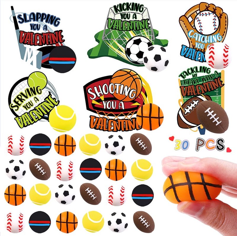 Vellibring 30 Pack Valentines Day Sport Balls with Cards Goodie Bags Bulk Mini Stress Relief Squeeze Sports Balls for Valentines Day School Class Game Prizes Kids Toys Presents Exchange Party Favors - Image 1