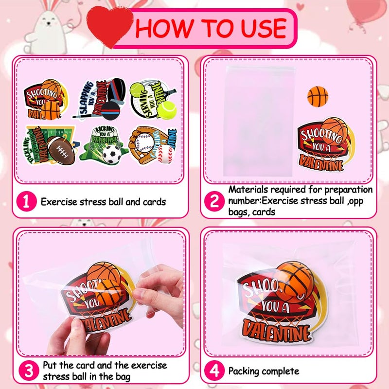 Vellibring 30 Pack Valentines Day Sport Balls with Cards Goodie Bags Bulk Mini Stress Relief Squeeze Sports Balls for Valentines Day School Class Game Prizes Kids Toys Presents Exchange Party Favors - Image 3