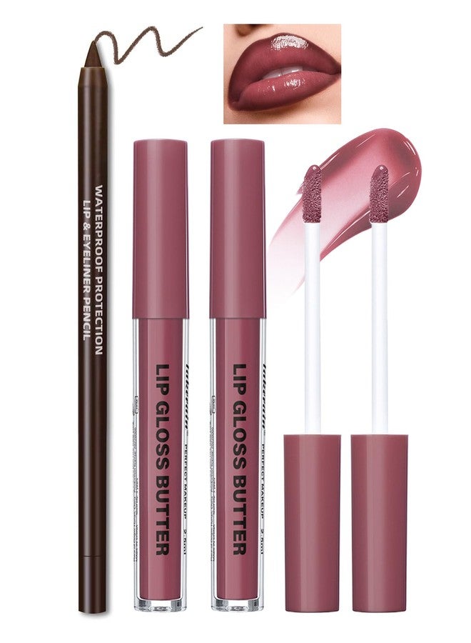 DuaTana 3Pcs Hydrating Lip Gloss with Brown Lip Liner Combo Set,Plumping Lip Liner Moisturizing Nude Tinted Lips Glow Oil,Lightweight Non Sticky Liquid Lipstick Women Lipstain Makeup Long Lasting Lipgloss-12 - Image 1