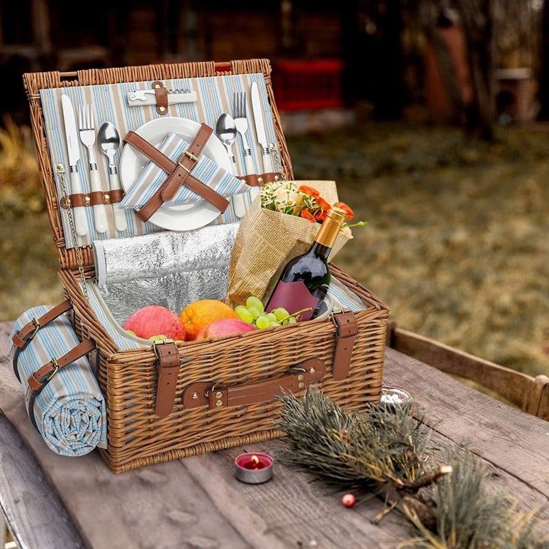 HappyPicnic Picnic Basket Set for 2 Persons, Willow Hamper with Large Insulated Cooler Compartment, Waterproof Blanket and Cutlery Service Kit-Classical Brown - Image 4