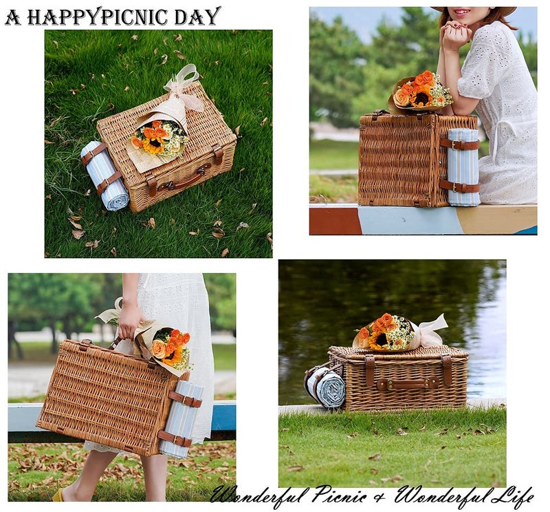 HappyPicnic Picnic Basket Set for 2 Persons, Willow Hamper with Large Insulated Cooler Compartment, Waterproof Blanket and Cutlery Service Kit-Classical Brown - Image 3