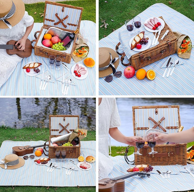 HappyPicnic Picnic Basket Set for 2 Persons, Willow Hamper with Large Insulated Cooler Compartment, Waterproof Blanket and Cutlery Service Kit-Classical Brown - Image 2