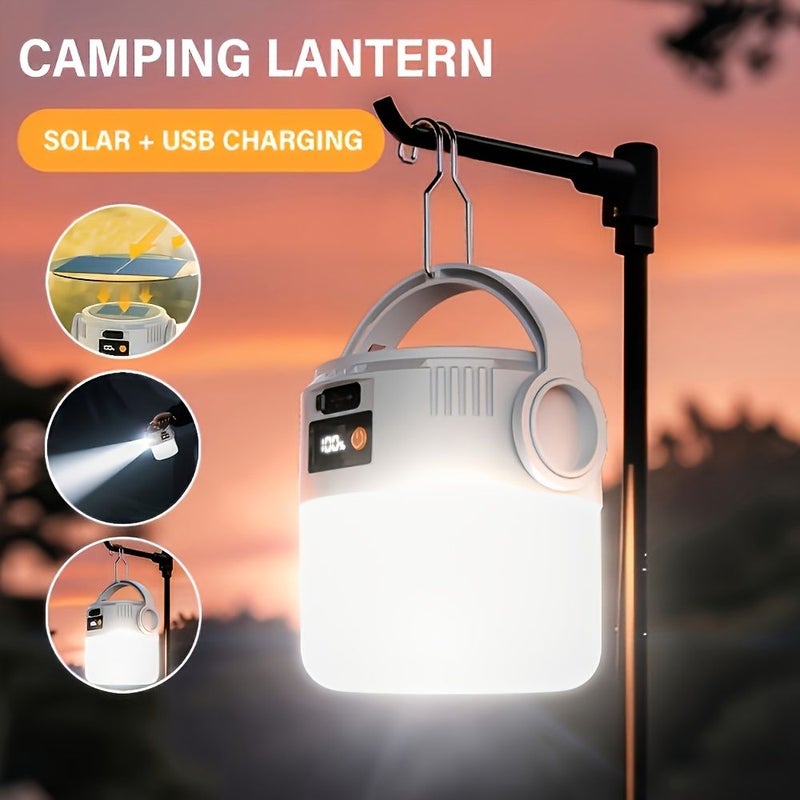White 2 in 1 Solar and USB Rechargeable Camping Lantern Ultra Bright LED Portable Hanging Light - Image 1