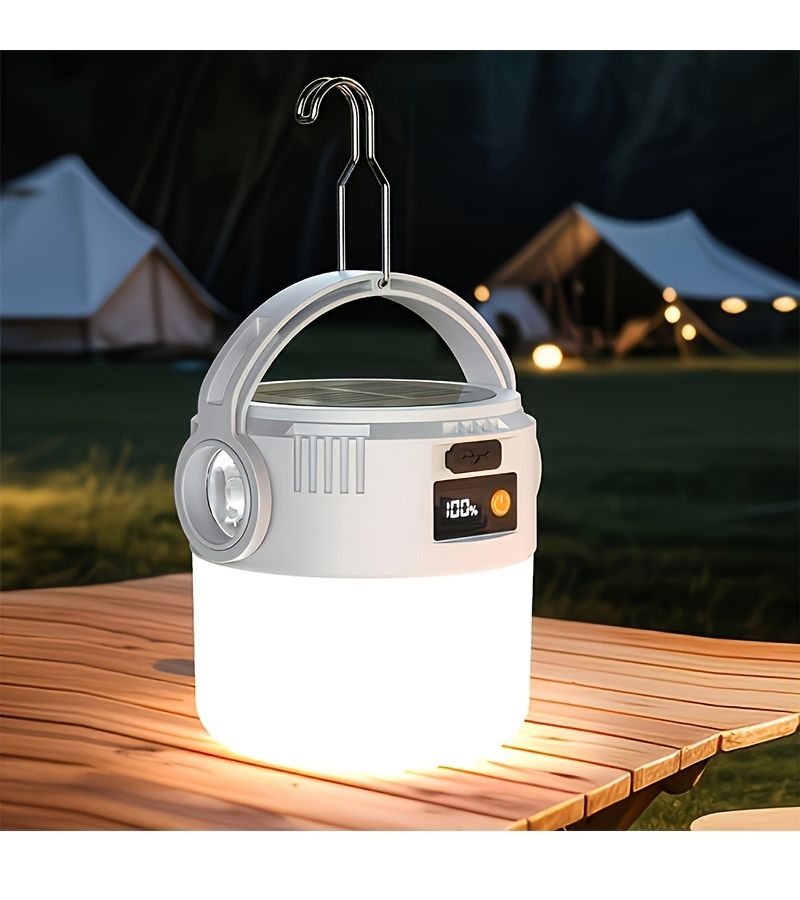 White 2 in 1 Solar and USB Rechargeable Camping Lantern Ultra Bright LED Portable Hanging Light - Image 2