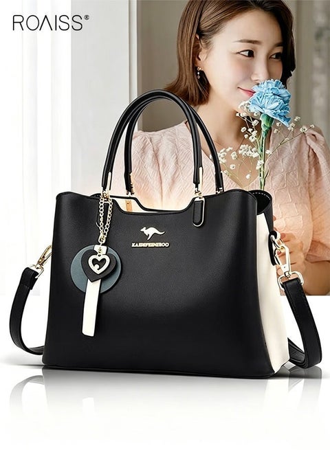 Women's Patent PU Leather Two-Tone Handbag, Elegant Structured Tote Bag with Detachable Shoulder Strap, Ladies Classic Shoulder Bag  Handle Satchel Bag with Gold-Tone Hardware, Multi-Functional Crossbody Purse for Work Office Business Everyday Casual Wear