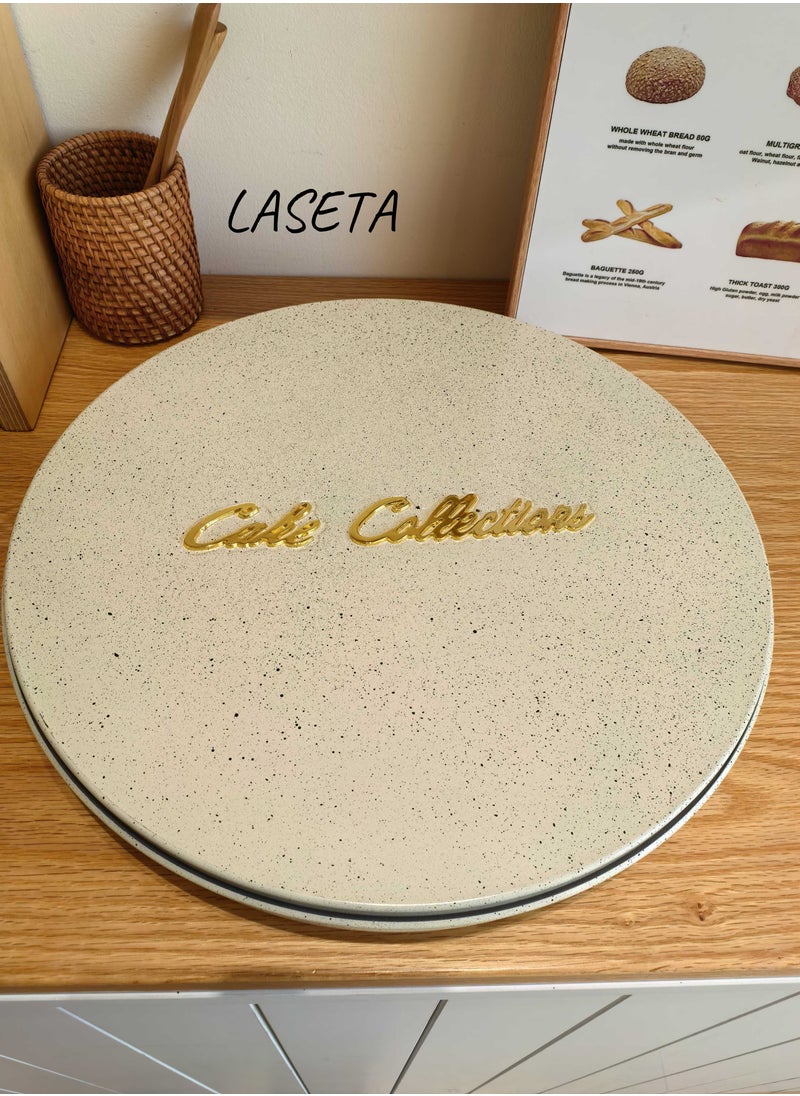 Laseta Round Basbousa Cutting Baking Tray with Cutter - 35 CM Multi Shapes Beige With Black Spots)  - Image 1