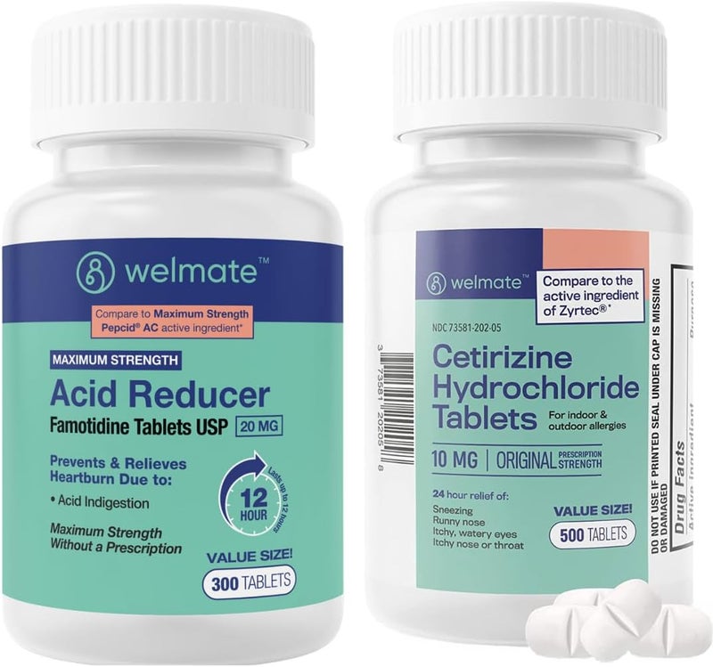 WELMATE Allergy  Stomach Relief Bundle  Cetirizine 10mg  Famotidine 20mg  24hr Allergy  12hr Heartburn Support  500  300 Tablets