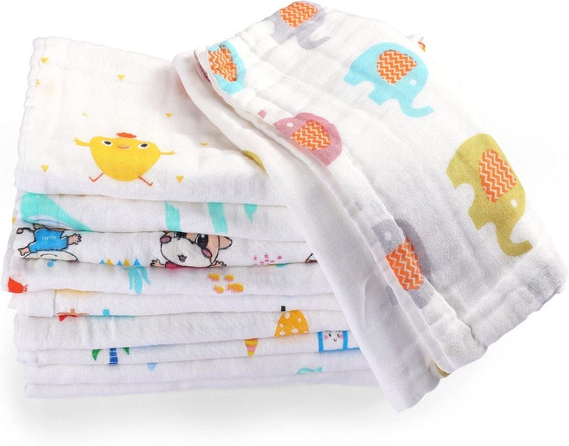 Tatuo 10 Pack Muslin Baby Burp Cloth 20 x 10 6 Layer Soft Absorbent Newborn Rags Towel for Baby Shower Boys Girls Machine Washable for Sensitive SkinAnimal Pattern - Image 1