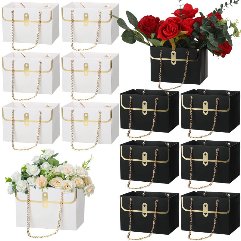 Lincia 12 Pcs Valentines White and Black Flower Box Wedding Flower Paper Gift Bag Valentine Bouquet Boxes with Handle Boxes for Arrangements Bouquet Wrapping Paper for Valentine's Day Wedding - Image 1