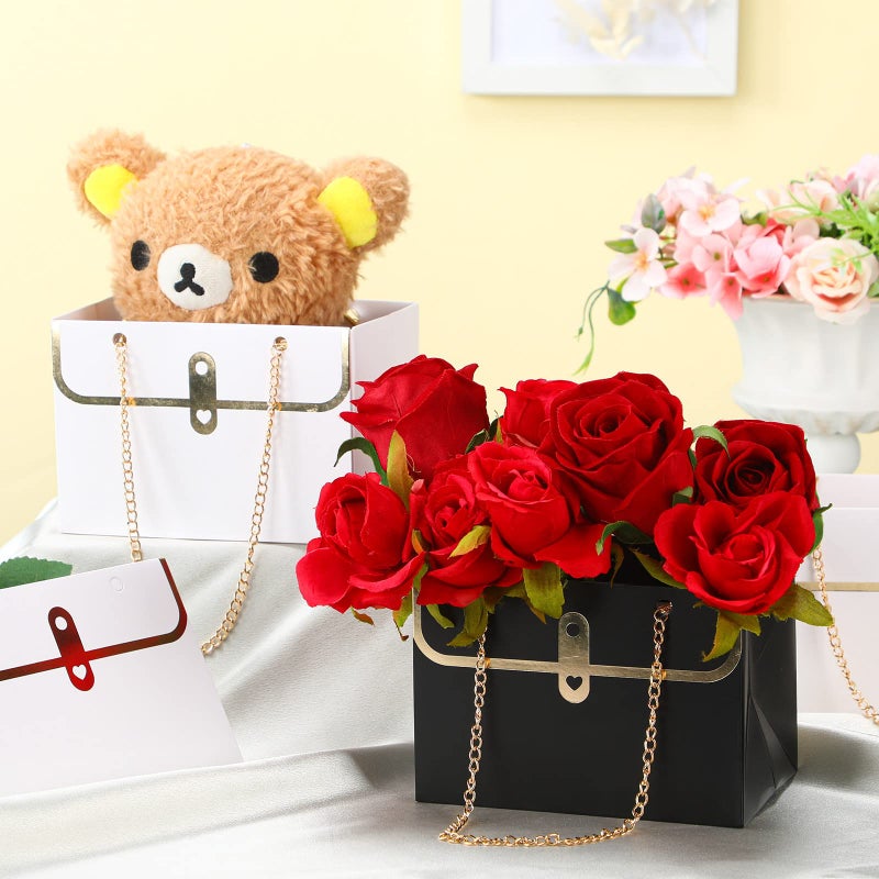 Lincia 12 Pcs Valentines White and Black Flower Box Wedding Flower Paper Gift Bag Valentine Bouquet Boxes with Handle Boxes for Arrangements Bouquet Wrapping Paper for Valentine's Day Wedding - Image 3