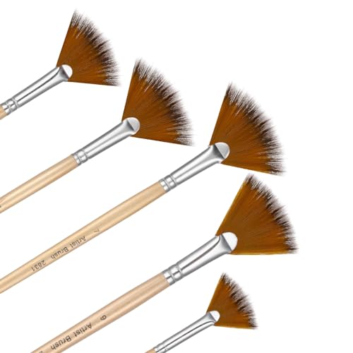 Prasacco 5 Pieces Fan Brush for Painting, Oil Acrylic Paint Brushes Artist Fan Brushes Nylon Hair Long Wood Handle Painting Brush for Acrylic Watercolor Oil Gouche Painting(1#, 3#, 5#, 7#, 9#) - Image 1