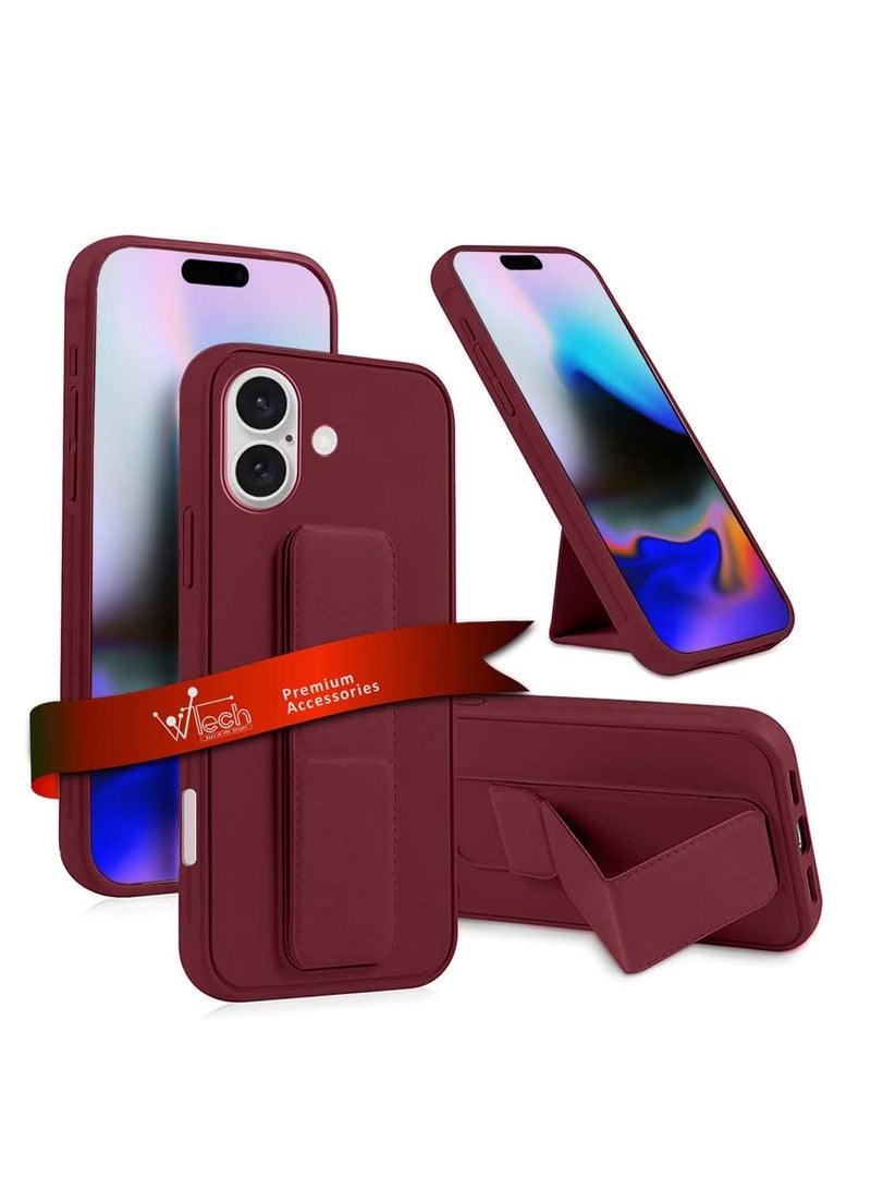 Wtech Apple iPhone 16 2024 Hand Grip Foldable Magnetic Kickstand Wrist Strap Finger Grip with Built-in Iron Case Cover - Maroon - Image 1