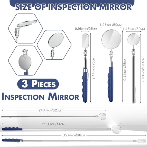 Copkim 3 Pieces Telescoping Inspection Mirror Stainless Steel Extendable Mechanic Mirror with Long Handle Tool for Technicians Mechanics Contractors (50/25/30 mm,Round,Oval,Round) - Image 2