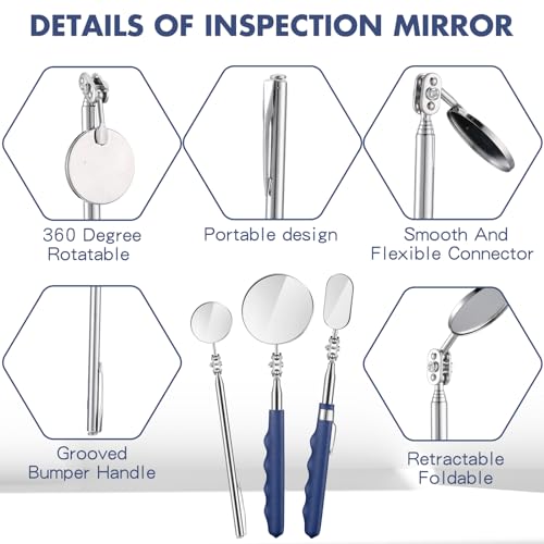 Copkim 3 Pieces Telescoping Inspection Mirror Stainless Steel Extendable Mechanic Mirror with Long Handle Tool for Technicians Mechanics Contractors (50/25/30 mm,Round,Oval,Round) - Image 3