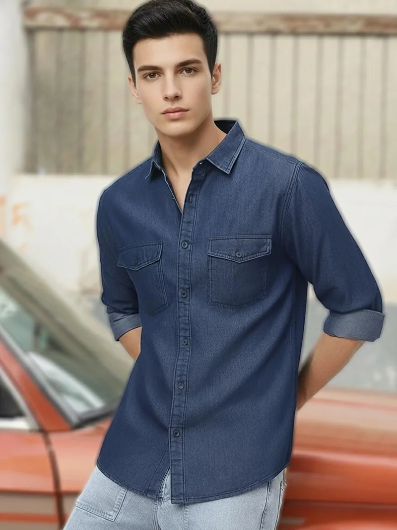 أوربانو فاشن Urbano Fashion Men's Dark Blue Full Sleeve Regular Fit Casual Denim Shirt