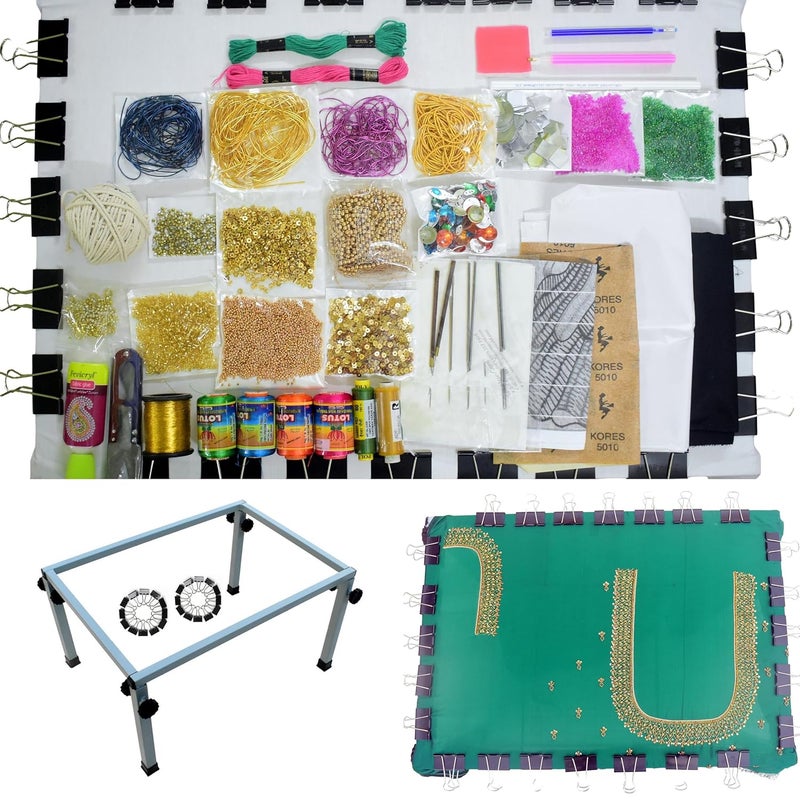 Prabhas Designs - Box Type Aari Stand 24 X 16-inch Size with 24 Clips and Complete aari Materials (44 Items to Learn Basic and Advanced Aari Embroidery)