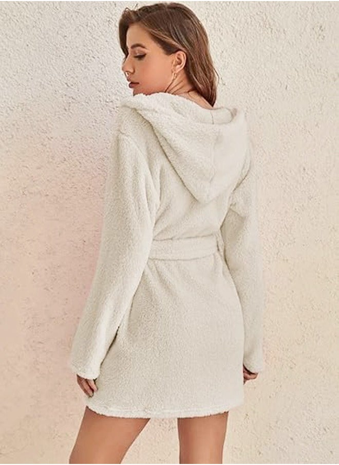 RATSAW Women Hooded Bathrobe Fleece Lightweight Soft Plush Flannel Sleepwear Fleece Hooded Bathrobes Night Sleepwear Women's Mid Length Plush Robe  - Image 4