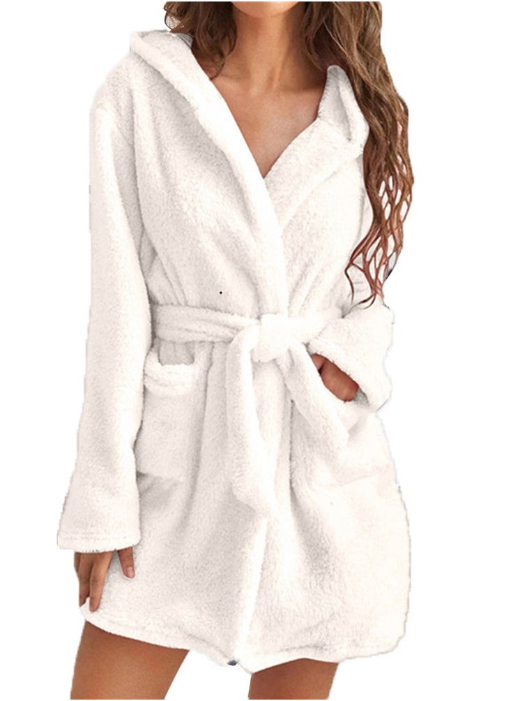 RATSAW Women Hooded Bathrobe Fleece Lightweight Soft Plush Flannel Sleepwear Fleece Hooded Bathrobes Night Sleepwear Women's Mid Length Plush Robe  - Image 1