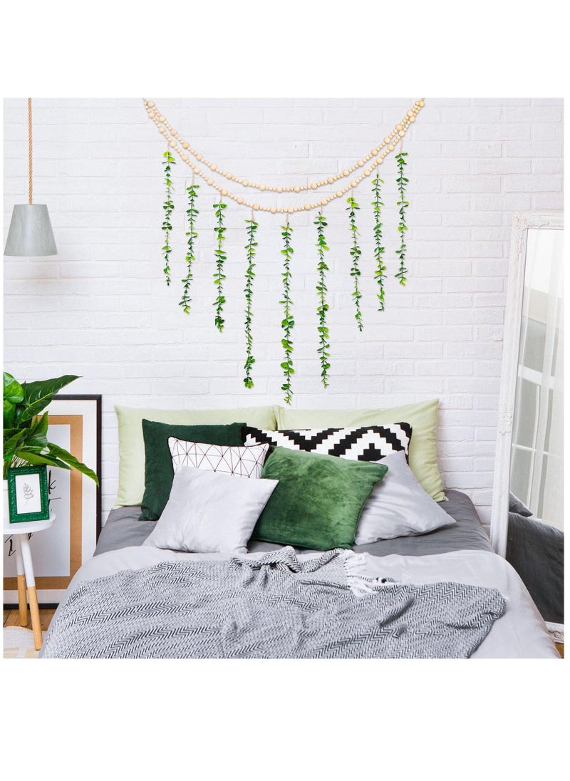 Hanging Photo Display Holder Wall Decor with Wooden Cards Clips, Boho Style Picture Frame Wood Beads Garland Artificial Eucalyptus Plant Home Decoration for Farmhouse Greenery Cubicle Bedroom  - Image 3
