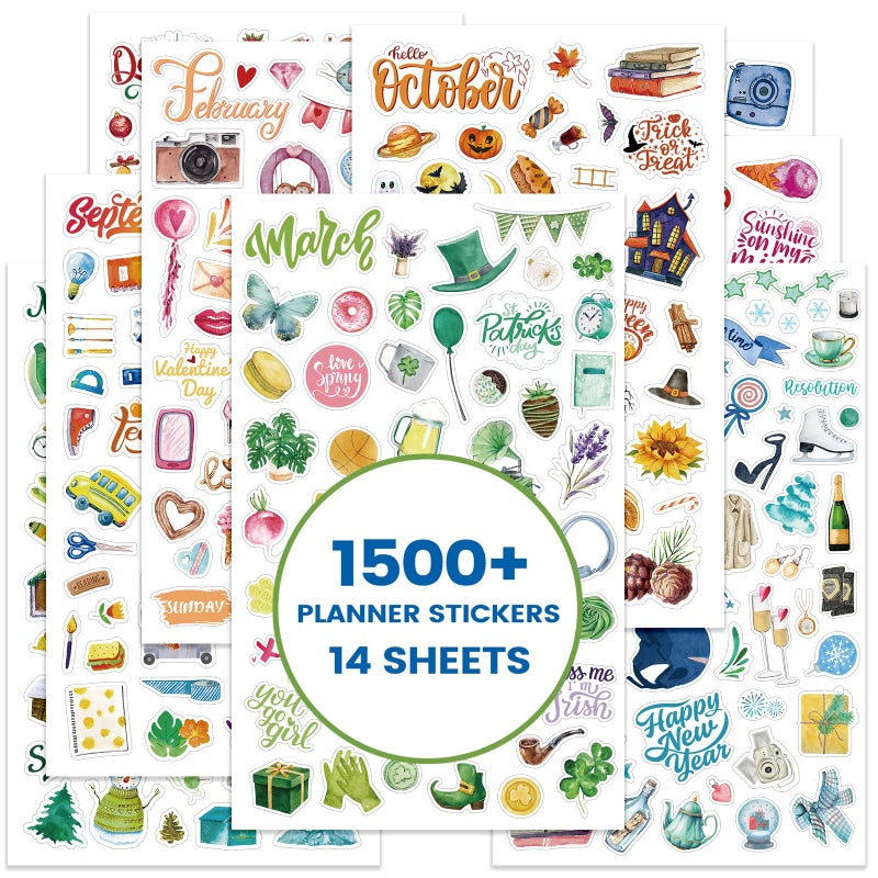 Shoparr Planner Stickers - Calendar Stickers for Celebration and Decoration, 12 Monthly Festival Theme Sticker for Adults Planner, for Festival Events, Daily Tasks(14 Sheets, 1500+ Sticker Per Pack) - Image 1