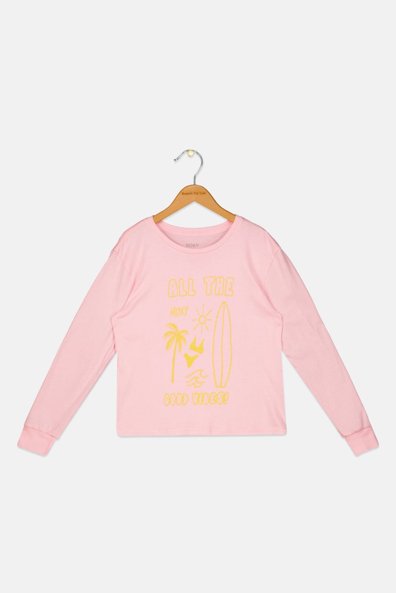Roxy Kids Girl Graphic Printed Long Sleeve Top, Pink - Image 1